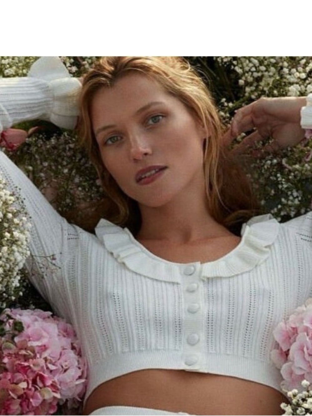 For Love And Lemons White Ruffle-Trim Knit Cardigan